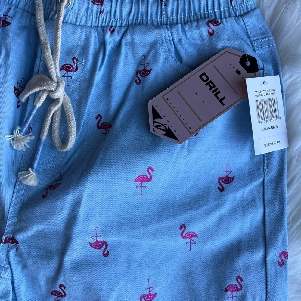 🆕 Drill Clothing Company Cotton Shorts Blue Men’s Metallic Pink Flamingos Size M